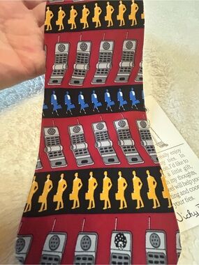 🎁3 for $30 - Classic Red Patterned Silk Tie with Retro Phone and Figure Motif